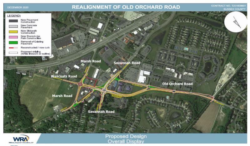 The overall project extends from the Lewes-to-Georgetown Trail crossing at Old Orchard Road to Marsh and Wescoats roads, where a roundabout will be constructed. DELDOT GRAPHIC